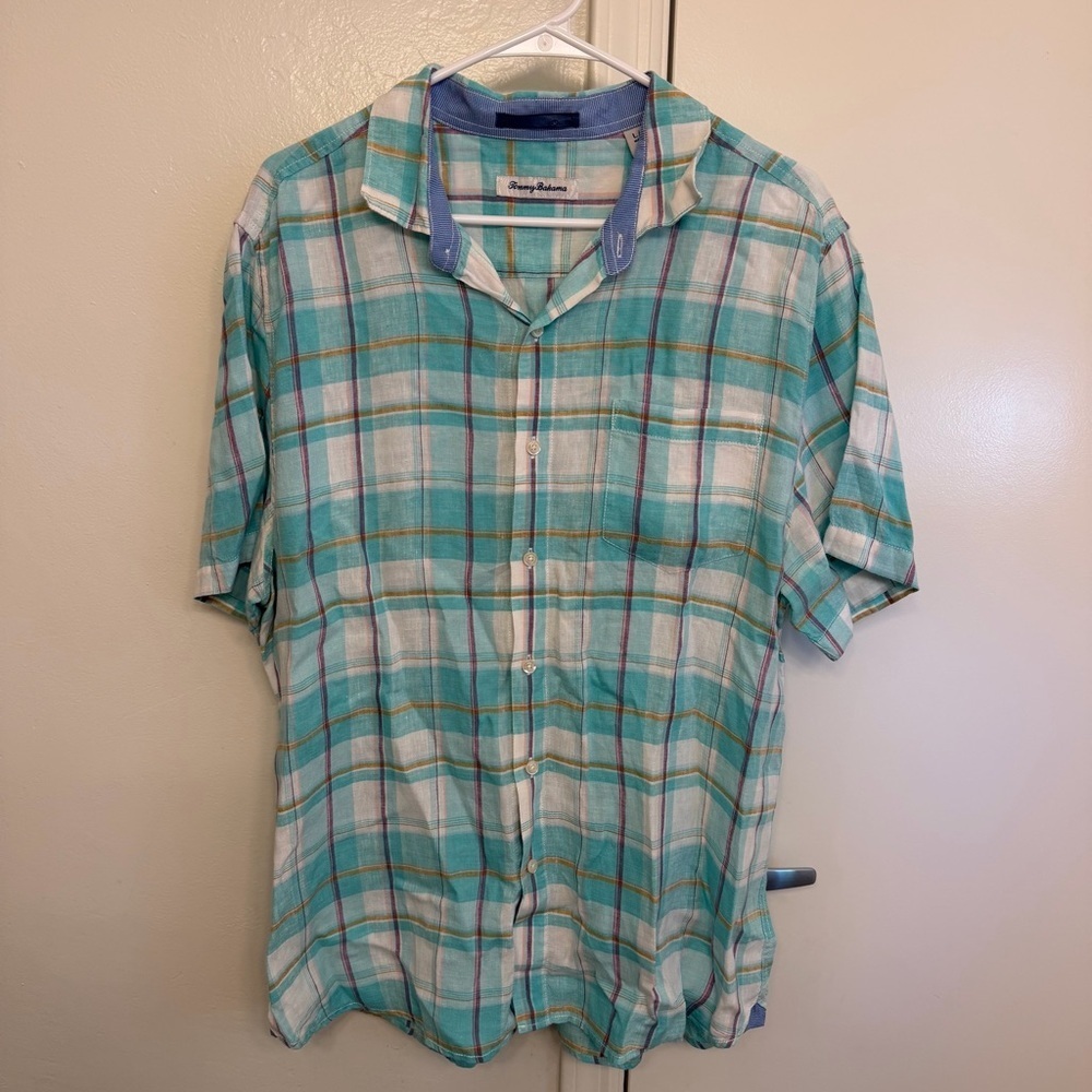 Tommy Bahama Lauderdale 100% Linen Camp Shirt Men’s Large Dusty Aqua Plaid